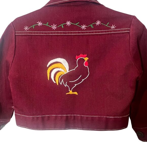 Towncraft Other - Vintage Towncraft Jr Boys Embroidered Maroon Denim Jacket W/ Rooster & Strawberr